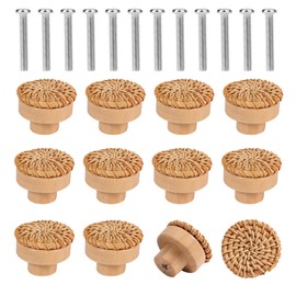 12pcs Wood Drawer Knobs, Wooden Knobs Round Boho Rattan Drawer Pulls with 24 Screws for Cabinets Dresser Handles Boho Wood Furniture