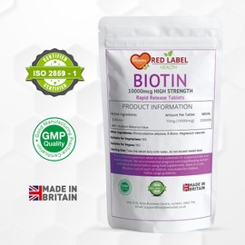 Red Label Health Biotin 10000mcg Tablets, Hair Growth Supplement for Women & Men, 180 Tablets (6 Months Supply), Skin Health & Nail Repair, Vegan, Non-GMO Boosts, Gluten Free, Energy & Vitality