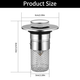 Pack of 2 Sink Plugs, Drain Plug Sink with Hair Strainer, Drain Filter, Stainless Steel Sink Plug for 34-40 mm Drain Drain, Universal Push Up Drain Valve, Drain Strainer for Sink