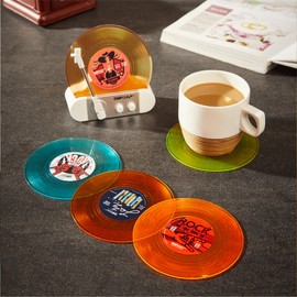 Funny Retro Vinyl Record Coasters, Creative Drink Coasters Set of 6 with Vinyl Record Player Holder for Music Lovers, Housewarming Hostess Gifts (6, V3)