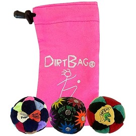 DIRTBAG Lover Footbag 3-Pack with Pouch, Includes Three Original and Unique Premium Quality Hand Sewn Footbags and Carry Pouch. (Multi-Color, Rainbow, Rasta, Pink Pouch)