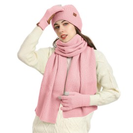 Yoolhamy Hat Scarf and Gloves Set of 3 Winter Thermal Knitted Hat Long Scarf Touch Screen Gloves for Neck Warmer Outdoor Ski Hat, rose