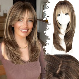 Eawwii Wig with Bangs for Women Brown Blonde Highlight Straight Face-Framing Layers Hairstyle 4x4 Realistic Scalp Glueless Synthetic Wigs Medium Length for Everyday Use 20 Inch
