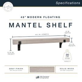 Master & Co. Modern Floating Fireplace Mantel with Black Metal Brackets, Long Floating Shelves for Wall Décor, 48 inches, Gray Woodgrain