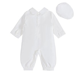 Lito Angels Baby Christening Outfit Baptism Romper & Beret Hat for Infant Toddler Boys Girls 9-12 Months | White Long Sleeve Church Ceremony Attire