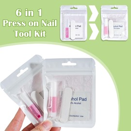 Press On Nail Kit with Everything, Bebbtiy Press On Nail Prep Tool Kit Disposable Manicure Kit with Nail File, Nail Glue, Prep Pads, Adhesive Nail Tabs, Wood Stick, Holographic Bag (20pcs-white)