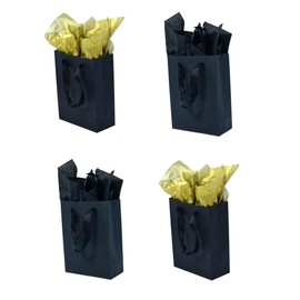 JUNESHE Small Gift Bags with Handles & Tissue Paper,4 Pack Mini Black Gift Bags, Extra Small Black Goodie Bags, Tiny Gift Wrap for Birthday Party Favors, Baby Shower