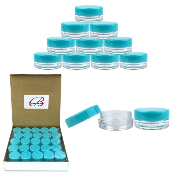(Quantity: 50 Pieces) Beauticom 3G/3ML Round Clear Jars with TEAL Sky Blue Lids for Scrubs, Oils, Toner, Salves, Creams, Lotions, Makeup Samples, Lip Balms - BPA Free