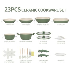 BECIGAR 23pcs Ceramic Pots and Pans Set, Nonstick Detachable Handle Cookware, Induction Kitchen Cooking Set with Removable Handle,include Frying Pans & Saucepans Oven Safe(Green)