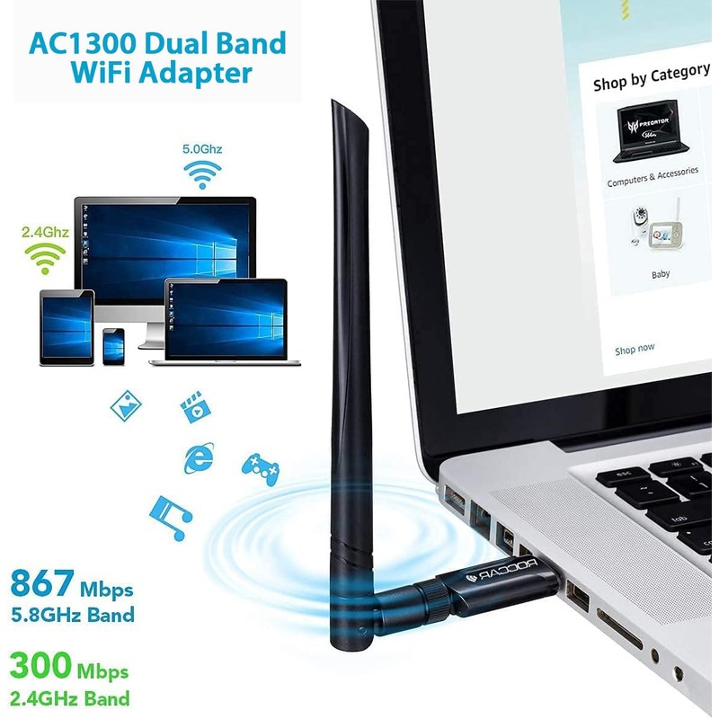 WiFi USB Adapter （AC1300 Dual Band(5.8GHZ/Max 867Mbps & 2.4GHZ/Max 300Mbps),