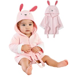Boys Girls Dressing Gown Soft Cotton Bath Robe, Qiuck Dry Kids Hooded Bathrobe Towel Robe with Cute Animal Design, Pink Rabbit 5-6 Years
