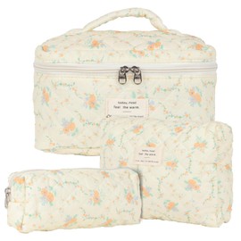 Women's Travel Cosmetic Bag Set, Cotton Toiletry Bag Set, Women's Quilted Toiletry Bag with Floral Pattern, Pack of 3, Yellow-orange