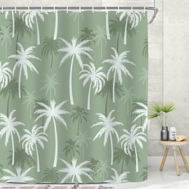 Emwnodti Tropical Palm Tree Shower Curtian, Summer Hawaii Coconut Tree Sage Green Bathroom Curtain Decor, Polyester Waterproof Bath Curtian Accessory Set 12 Hooks 72x72 inch