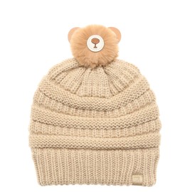 MIRMARU Kids Boys & Girls Winter Soft Warm Knitted Beanie Hat with Faux Fur Pom Pom for Ages 7-12 (Teddy Bear Pom - Beige)