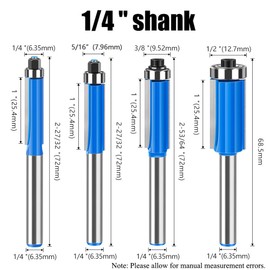 4Pcs Top End Bearing Flush Trim Router Bit, 1/4 Inch Shank Template Pattern Flush Trimming Router Bit Woodworking Milling Cutter Tools 1/4" 5/16" 3/8" 1/2"