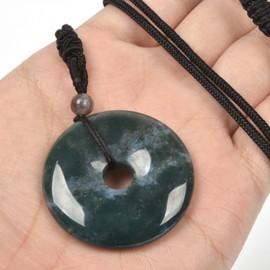 Justinstones Natural Moss Agate Peace Donut Healing Crystal 40mm Circle Coin Shaped Stone Pendant Adjustable Braided Cord Necklace 28 Inch
