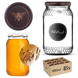 KADAX Honey Jars, 900 ml, Preserving Jars with Fi82 mm Screw Lid, Jars for Honey, Jam Jars, Screw Jars, Preserving Jars (Gold Bee, Pack of 48)