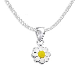 Heather Needham Sterling Silver Children's Daisy Necklace on 14" Silver chain - Yellow & White Enamel Daisy Pendant - SIZE: small & dainty 10mm. Gift Boxed 4876/14