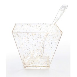 zappy 400 Square Mini Dessert Cups 2 oz Clear Gold Glitter Tasting Sample Shot Glasses Gold Glitter Dessert Cups & Spoons Disposable Plastic Appetizer Bowls Mini Parfait Cups Small Tumblers Shooters