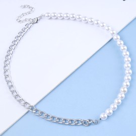 Inilbran Boho Pearl Necklace Choker Necklace Vintage White Pearl Necklace Silver Cuba Chain Necklace Baroque Beading Necklace Chain Jewellery for Women and Girls