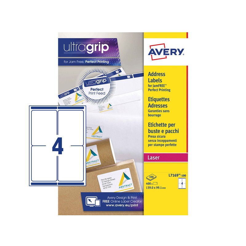 Avery L7169 Printable, Customisable Parcel Shipping Labels, Laser Printers, 4