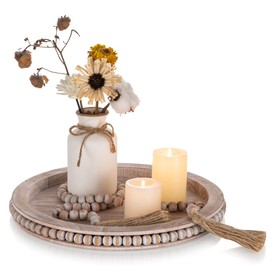 Inweder Holztablett Rund Tablett Deko - Distressed Weiße Kerzenhalter Stumpenkerzen 30cm Rundes Kerzenteller Rustikale Dekorative Tabletts für Tafelaufsätze Bauernhof Home Decor