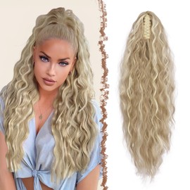 FESHFEN Claw Clip Ponytail Extensions - Long Pony Tail Hair Piece Wavy Curly Synthetic Hairpieces for Women, Dirty Blonde 30 inch