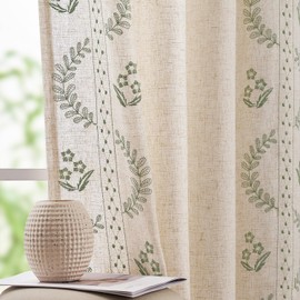 jinchan Linen Curtains for Bedroom Floral Curtains 63 Inch Length Linen Blend Sage Green Embroidered Drapes Farmhouse Flower Patterned Drapes for Living Room Window Treatments Set 2 Panels