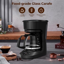 Havato 5-Cup Drip Coffee Maker with 24h Programmable Timer, Compact Coffee Machine with Food-grade Glass Carafe, 2h Keep Warm with Auto Shut-off, Delay Brew, 25oz Water Tank, Ideal for Home/Office