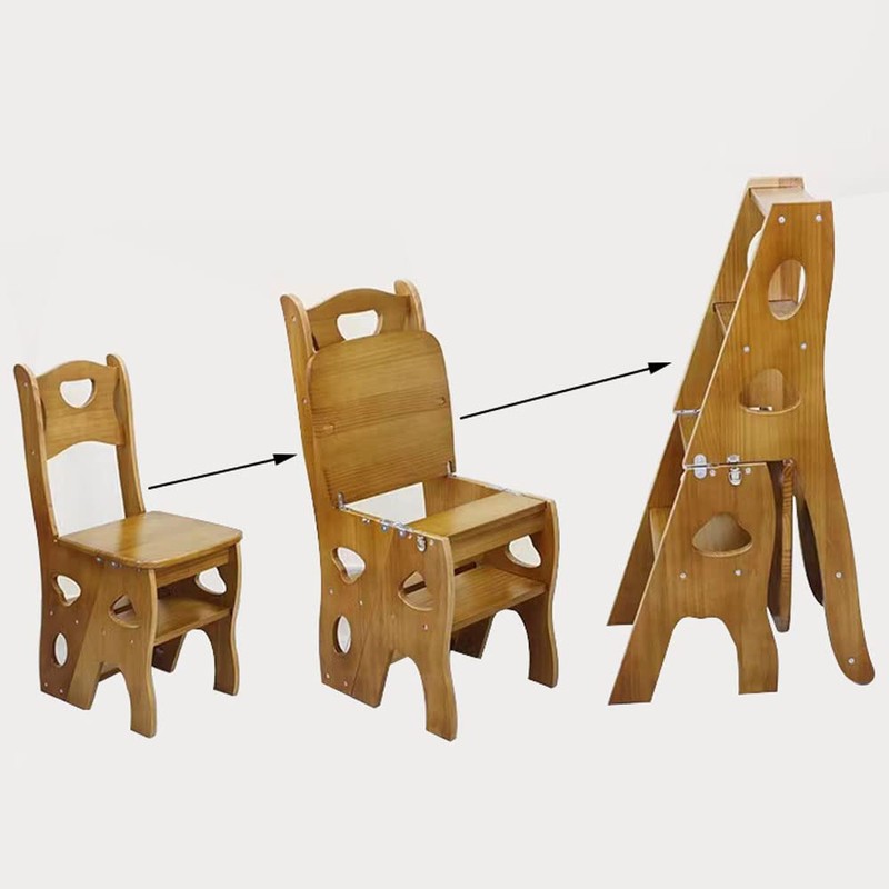 Wooden Folding Library Ladder Chair, 4-Storey Portable Multi-Function Step Stool,