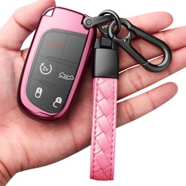 Compatible with Jeep Key Fob Cover with Leather Keychain Soft TPU Protection Key Case for Grand Cherokee Renegade Chrysler 200 300 Dodge RAM Durango Challenger Journey Dart Fiat Smart Key Pink