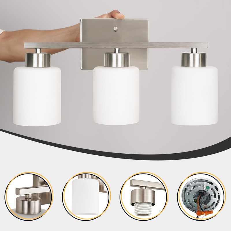 FonmYim Brushed Nickel Bathroom Light Fixtures, 3-Light Modern Vanity Light