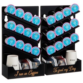 BREIKON Magic Rolling Pods K Cup 2 Unit Organizer, Wall Mount K Cup Holder, Black Acrylic Coffee Organizer, Space Saver K Cup Storage with Right and Left Oblique Shelves