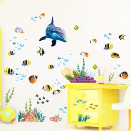 Condessacity Wall Stickers, Sea, Dolphin, Seaweed, Fish, Wallpaper Stickers, Cute, Animals, Wallpaper, Children's Room, Kindergarten, Nursery School, Children's Room, Toy House, Wall Stickers, Wall Decoration, Interior