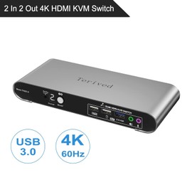 Terived 2 Computers 2 HDMI Monitors KVM Switch 4K@60Hz, Hotkey Switching, EDID, Audio and Microphone, Aluminum Alloy Shell,Digital Display, Dual Monitor USB 3.0 Hub, HDR10 with Cables