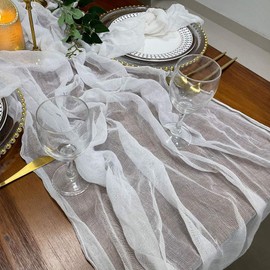 EH Linen Cheesecloth Gauze Table Runner,Wedding Decor Arch Draping,Gauze Event Centerpiece Runner, Bridal Shower Runner,Extra Long Hand Dyed Cotton Rustic Table Runner (White)