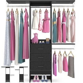 Besiost 4FT Small Closet System with 3 Fabric Drawers, 48'' Closet Organizer System With 3 Adjustable Shelves, Flexible Built-In Clothes Garment Rack for Small Space, 48" L x 13" W x 71" H, Black