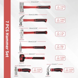 HOUSERAN 7-Pieces Hammer Set, 24 oz Claw Hammer, 12oz Claw Hammer, 13oz Ball Peen Hammer, 2 Lb Ball Peen Hammer, 3 Lb Sledge Hammer, Engineer Hammer, 10oz Rubber Mallet