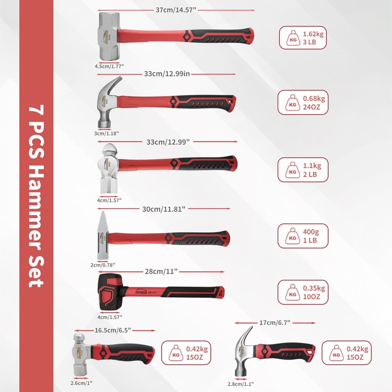 HOUSERAN 7-Pieces Hammer Set, 24 oz Claw Hammer, 12oz Claw