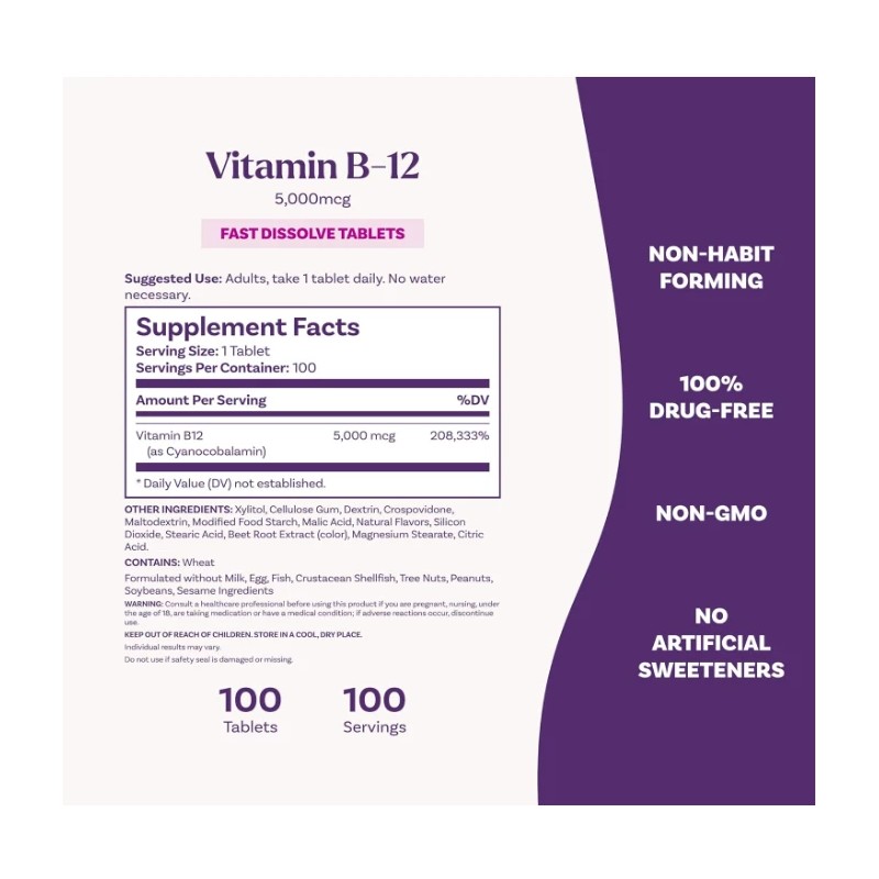 Natrol Vitamin B12 5000mcg Fast Dissolve 100 Tabs Energy Nervous