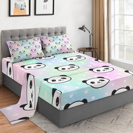 WeCozy 3 Pieces Twin Size Bed Sheet Sets with Pillowcases, Rainbow Panda Bamboo Soft Microfiber Bedding Set for Kids and Adults, Flat Sheet, Fitted Sheet for Bedroom Bed Decor
