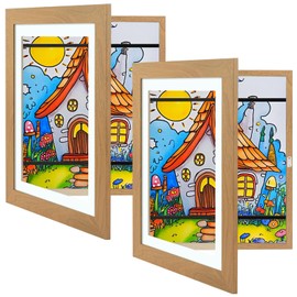 2 Pack Artwork Picture Frame with Cardboard, 15.2X20.3CM Art Projects Display Frame Hold up to 150 Artworks, Changeable Wooden Magnetic Front Opening Picture Frame for School Home Office (Yellow)