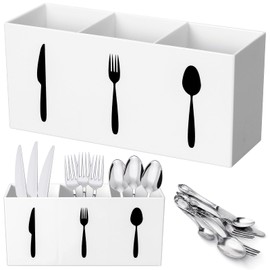 Suzile Acrylic Cutlery Storage Organizer Bin Silverware Caddy Countertop Knife Spoon and Fork Holder Kitchen 3 Section Tableware Storage Box for Cabinet Indoor Home Flatware Dining Room (White,M)