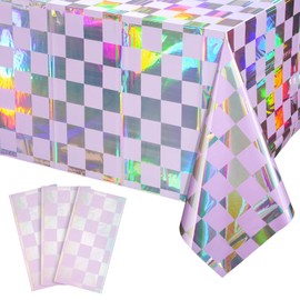 FunnyPars 3Pack Iridescent Checkered and Purple Plastic Tablecloths Shiny Disposable Laser Rectangle Table Covers Foil Tablecloth Iridescent Party Decorations Birthday Bridal Baby Shower, 54x108Inch