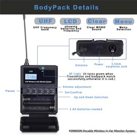 KOMISON Mono Wireless in Ear Monitor System, IEM System, UHF Professional Transmitter and Beltpack Receiver with Earphone,for Guitar,DJ,Studio,Live Performance 164Ft