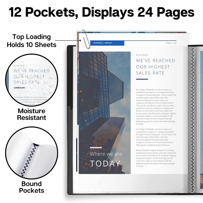 Dunwell Presentation Binder 12-Pocket, Displays 24 Pages, 8.5x11 Portfolio Binder