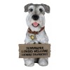 Adorable Grey Schnauzer Dog Sitting With Jingle Collar Greetings Sign
