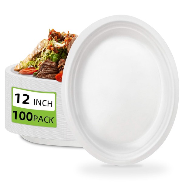 100 Pcs Compostable Oval Paper Plates 12 Inch - Heavy