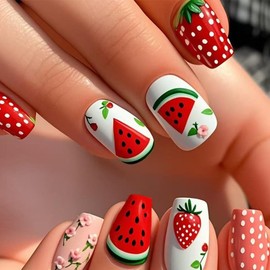 Cute Summer Press on Nails Square Short Fake Nails Red Watermelon False Nails with Floral Dots Designs Strawberry Full Cover French Acrylic Nails Reusable Stick on Nails Kit for Women Girls 24Pcs