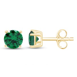 Simulated Green Emerald Round Shape Stud Earrings In 14K Yellow Gold Over Sterling Silver (2 Ct)